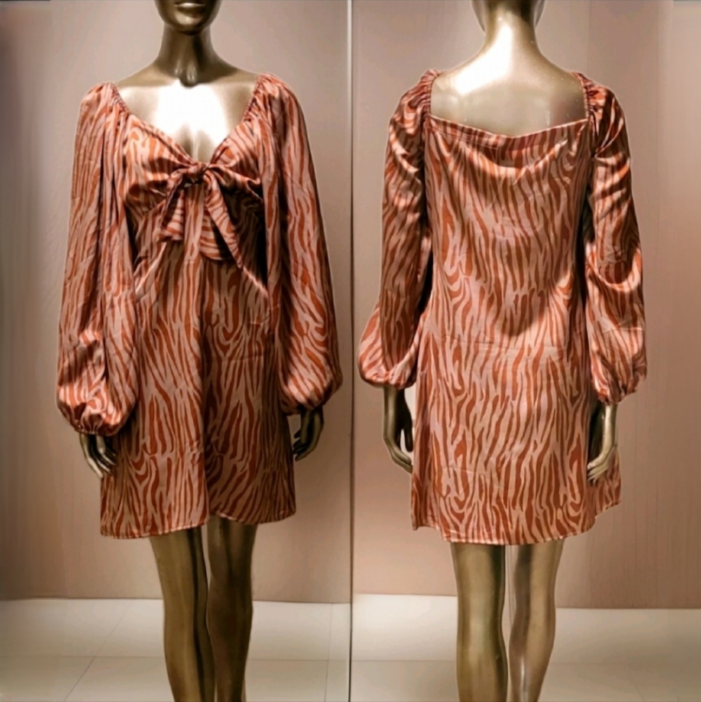 NWT Boohoo Zebra Print Tie Front Puff Sleeve Satin Mini Dress Sz 8